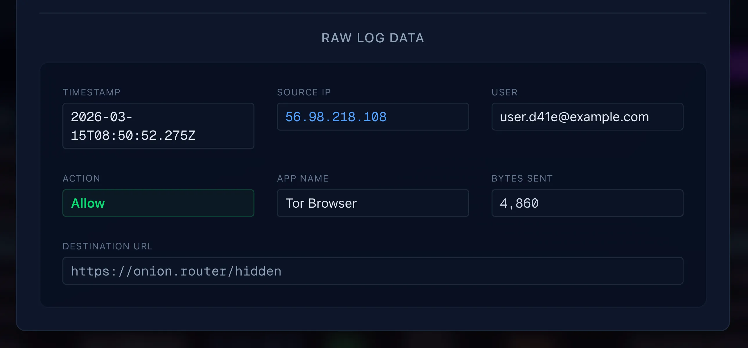 SignalTraceAI raw log detail view showing full log entry data